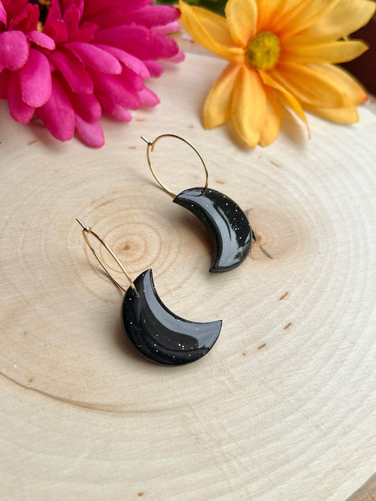 Sparkly Black Small Moon Hoops