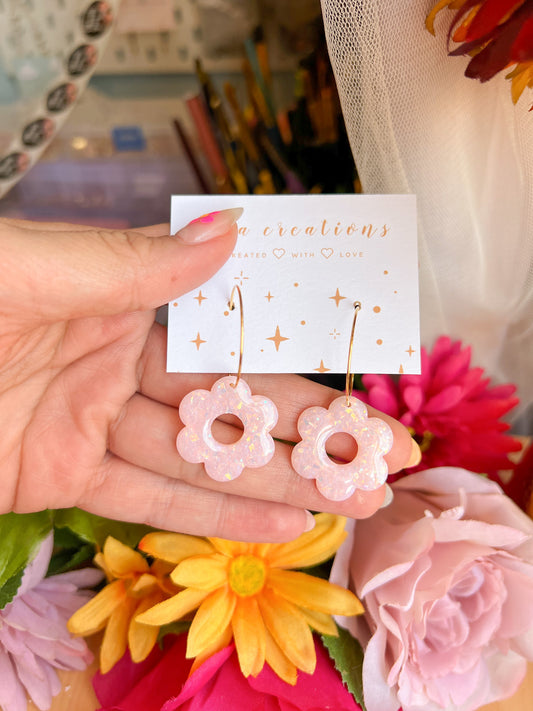 Large Pink Opal Flower Hoops